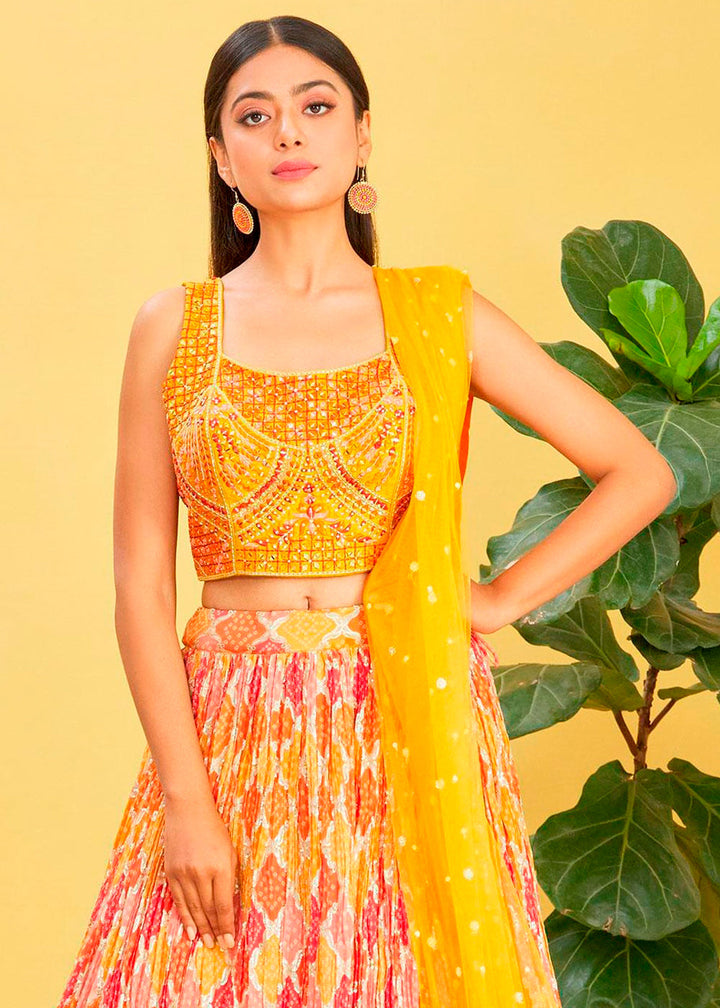 Saffron Yellow Digital Printed Chinnon Lehenga with Thread,Zari & Sequins Work