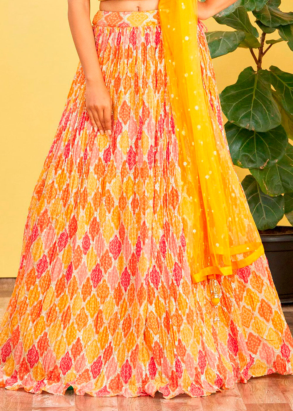 Saffron Yellow Digital Printed Chinnon Lehenga with Thread,Zari & Sequins Work