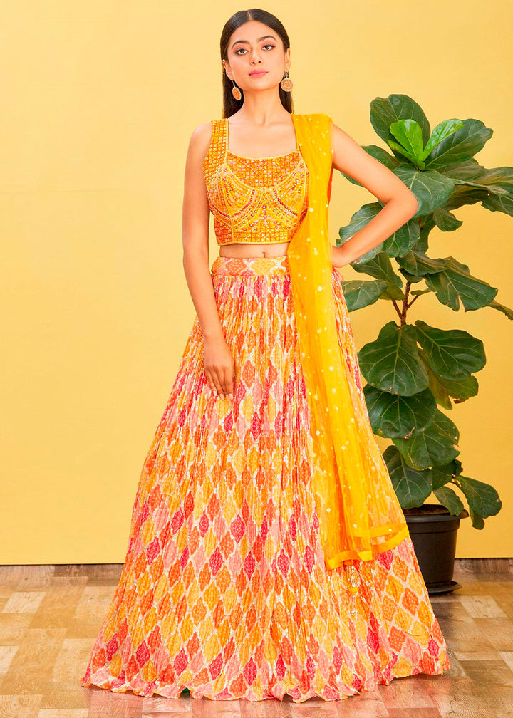 Saffron Yellow Digital Printed Chinnon Lehenga with Thread,Zari & Sequins Work