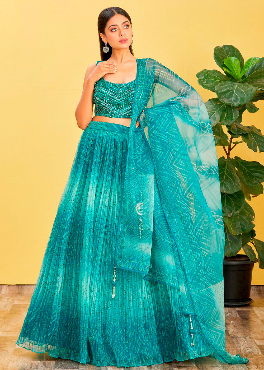 Shades Of Blue Digital Printed Organza Lehenga with Thread,Zari & Sequins Work