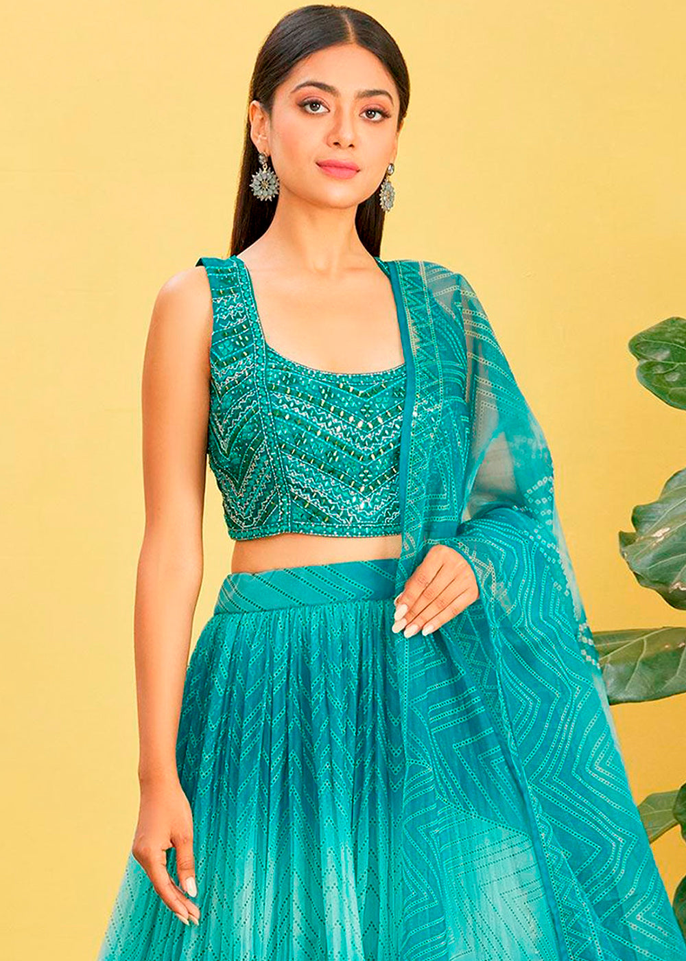 Shades Of Blue Digital Printed Organza Lehenga with Thread,Zari & Sequins Work