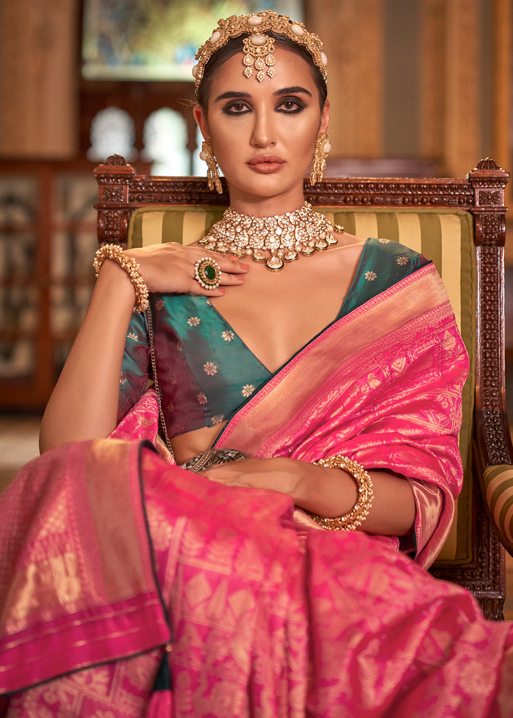 Bubble Gum Pink Zari Woven Banarasi Silk Saree