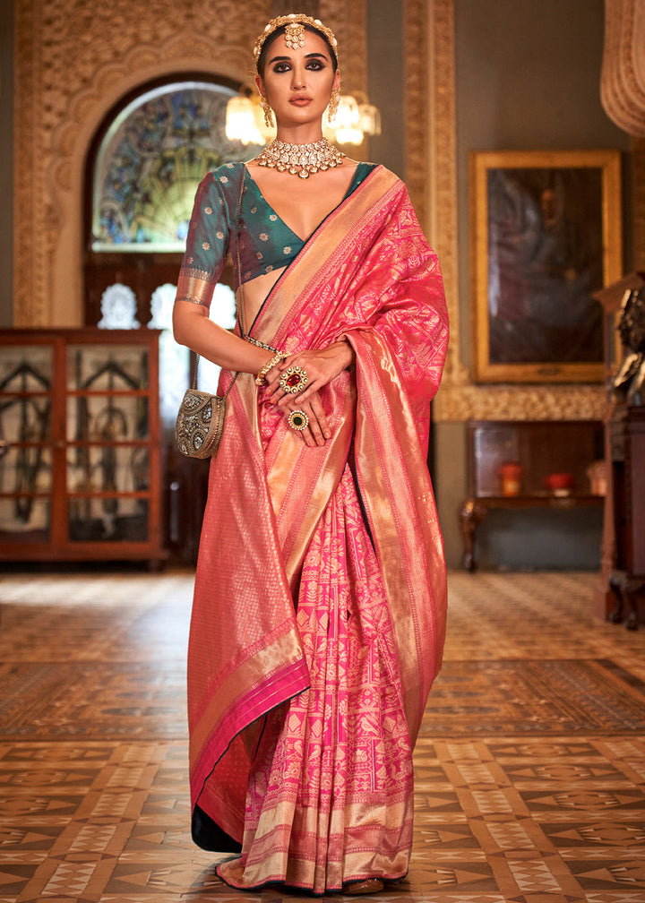 Bubble Gum Pink Zari Woven Banarasi Silk Saree