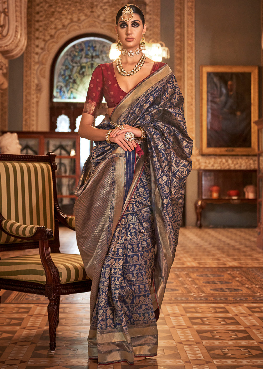 Denim Blue Zari Woven Banarasi Silk Saree