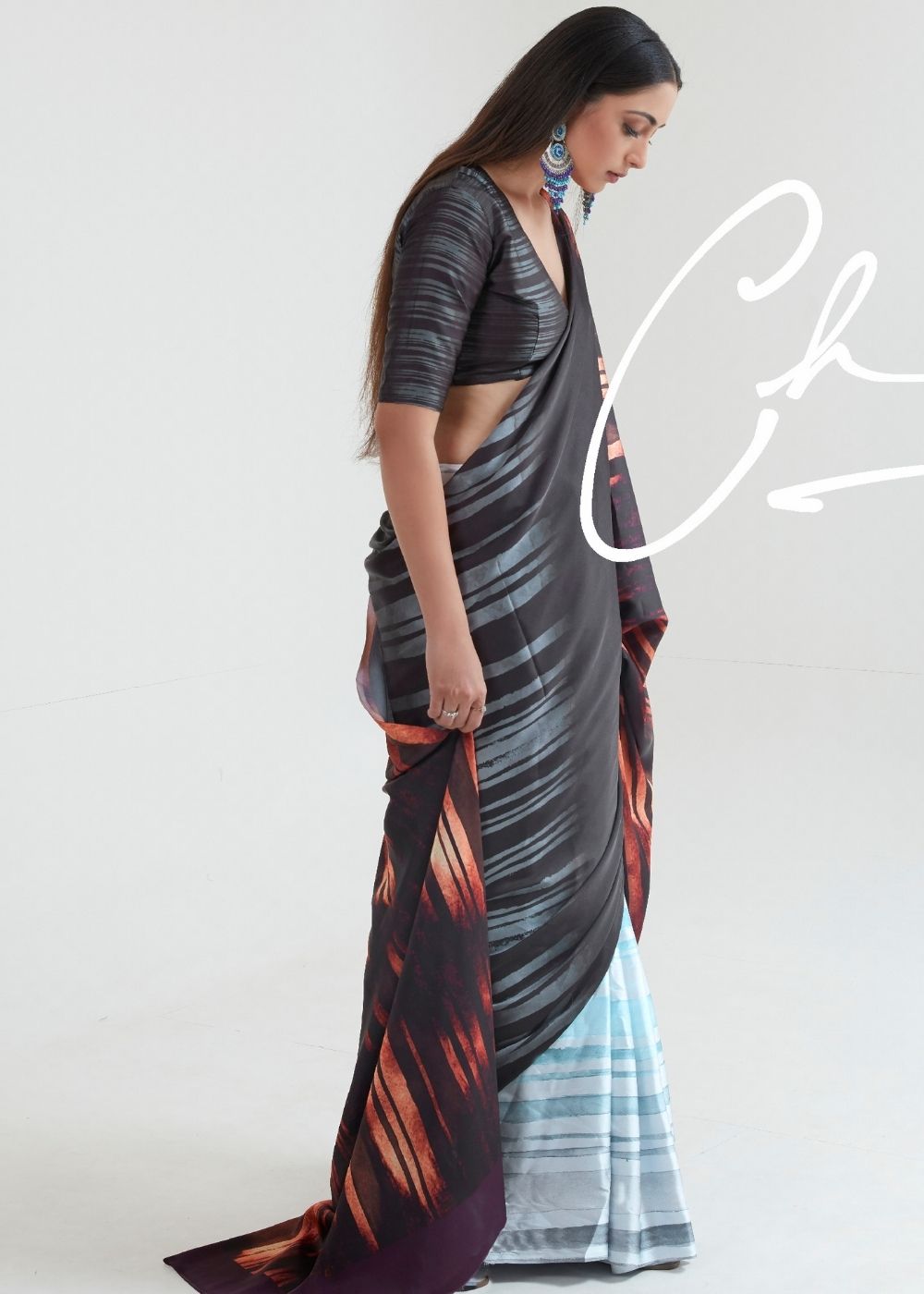 Hickory Brown & Blue Satin Silk Digital Printed Saree