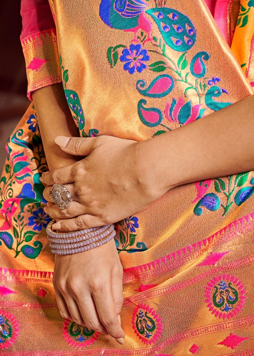 Saffron Yellow Woven Banarasi Paithani Silk Saree