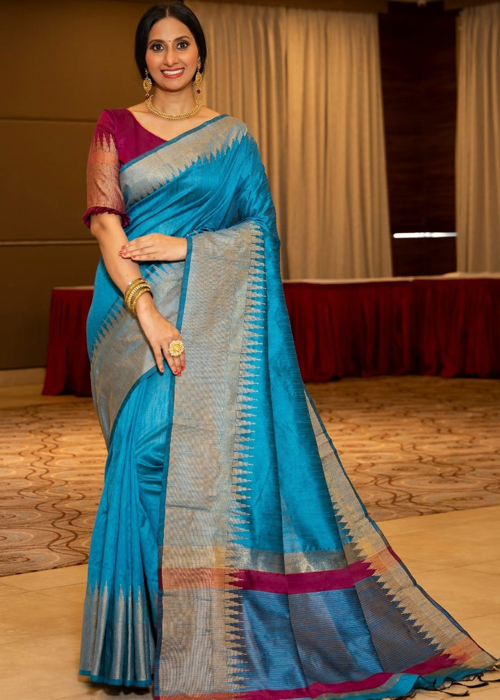 Azure Blue Art Silk Saree with Temple Border