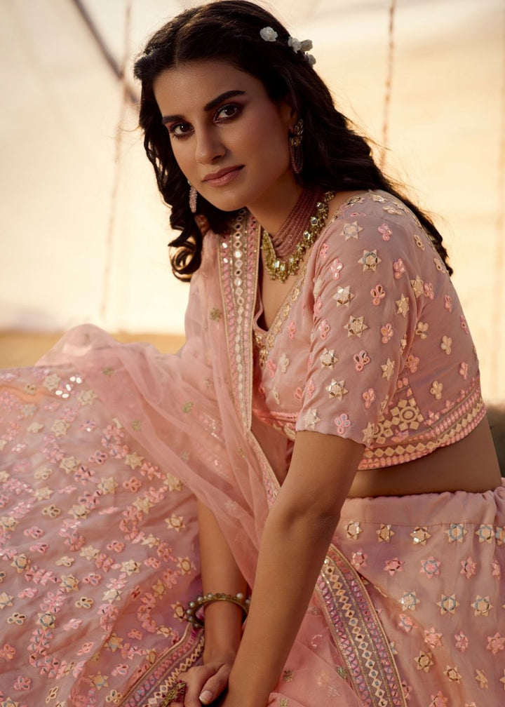 Salmon Pink Organza Lehenga Choli with Thread, Foli and Mirror work