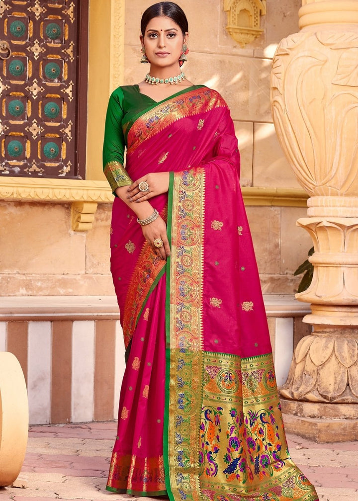 Ruby Pink Woven Paithani Silk Saree