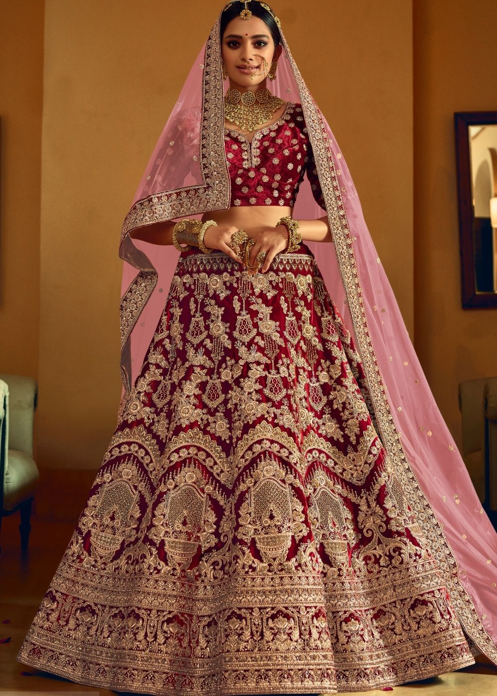 Wine Red Bridal Velvet Lehenga Choli withEmbroidery & Hand work