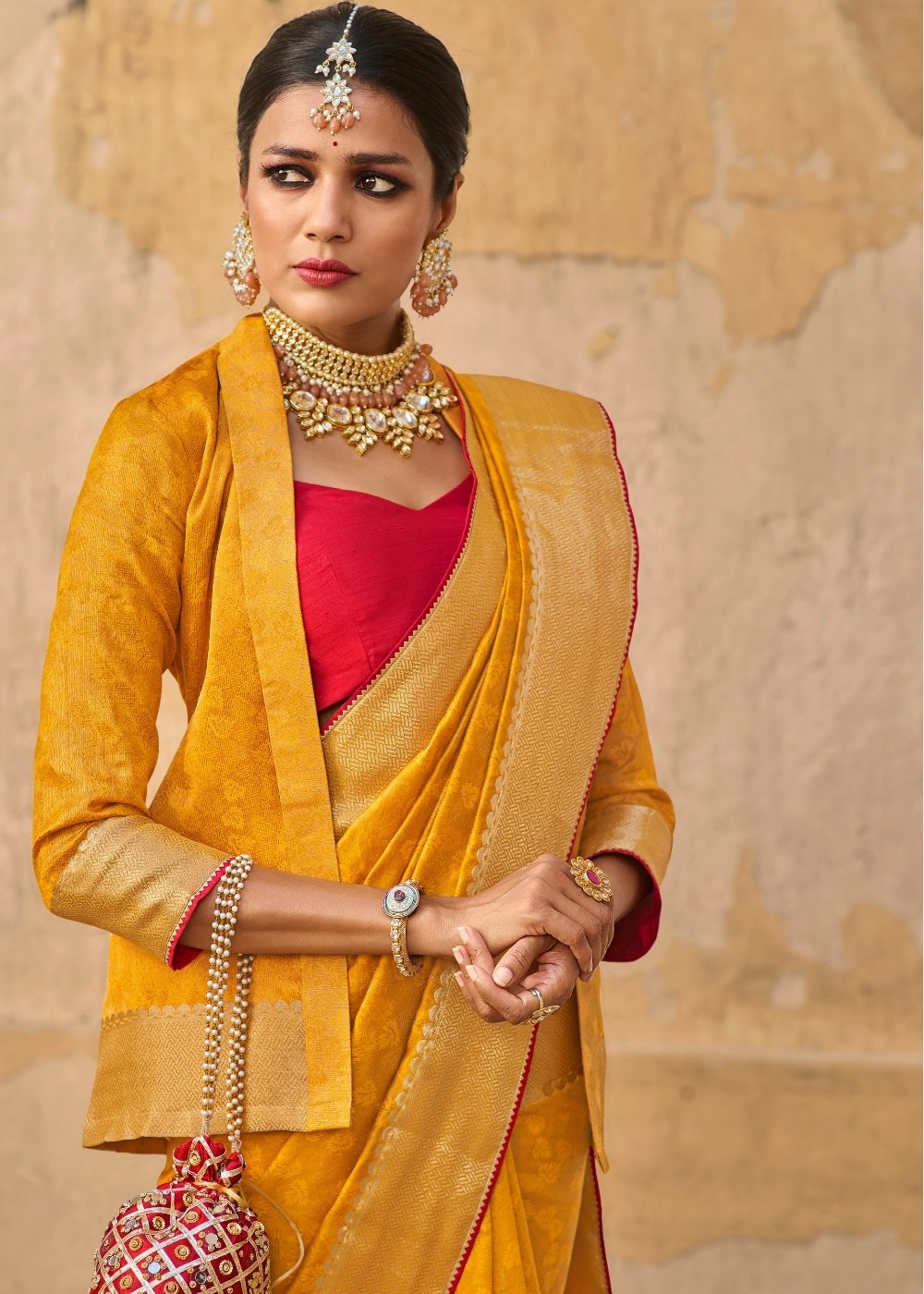 Saffron Yellow Jacquard Silk Saree with Zari Border & Pallu