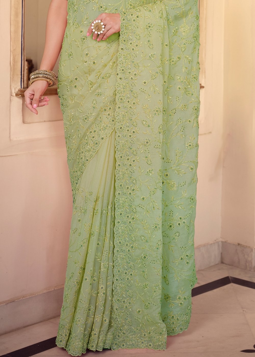 Sage Green Designer Chiffon Saree with Dori & Sequins work