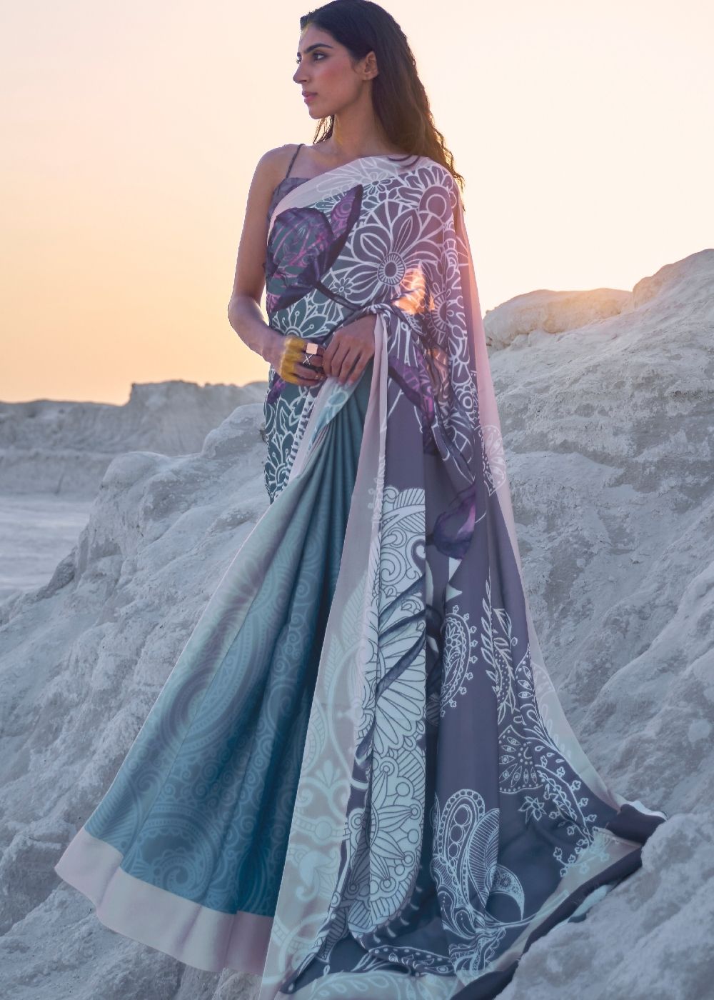 Cerulean Blue and Violet Digital Printed Crepe Silk Saree