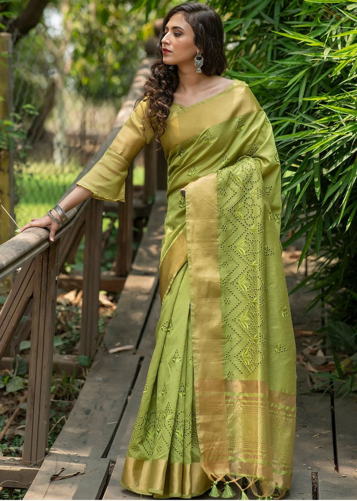 Pickle Green Assam Silk Saree with Cut-Work Embroidery