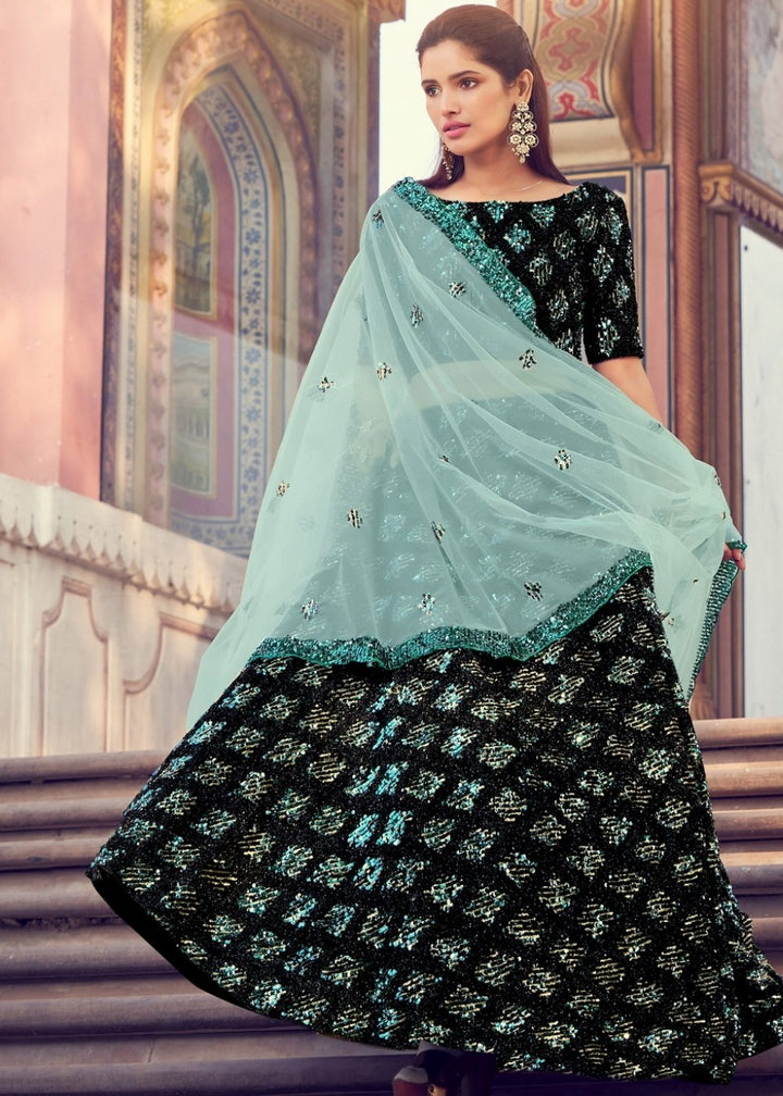 Black & Green Designer Lehenga Choli with Sequins work