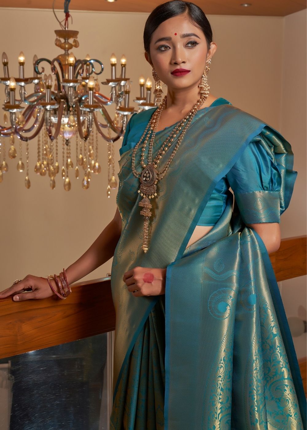 Teal Blue Zari Woven Kanjivaram Silk Saree