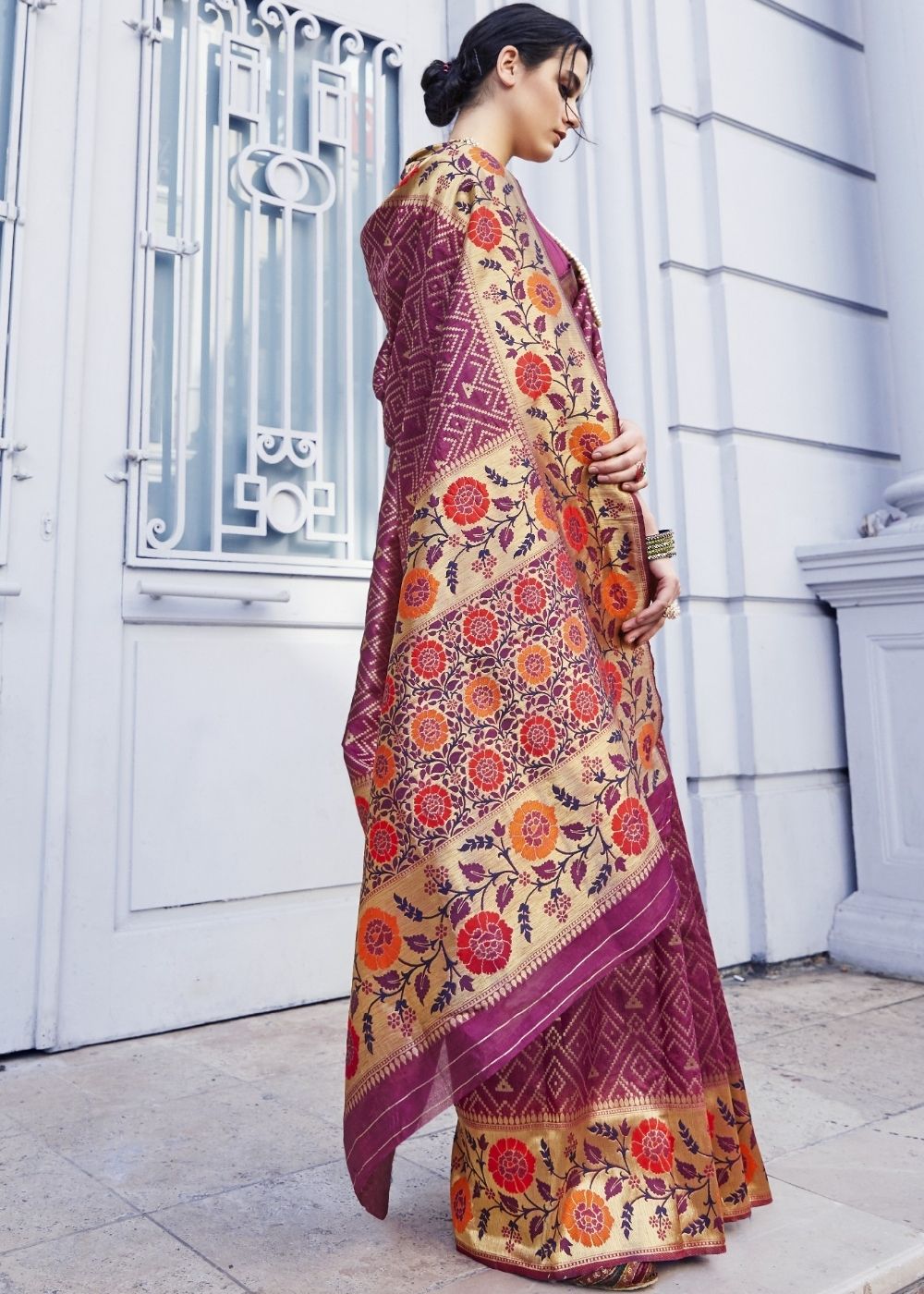 Begonia Pink and Golden Blend Silk Saree with Floral Woven Border and Pallu