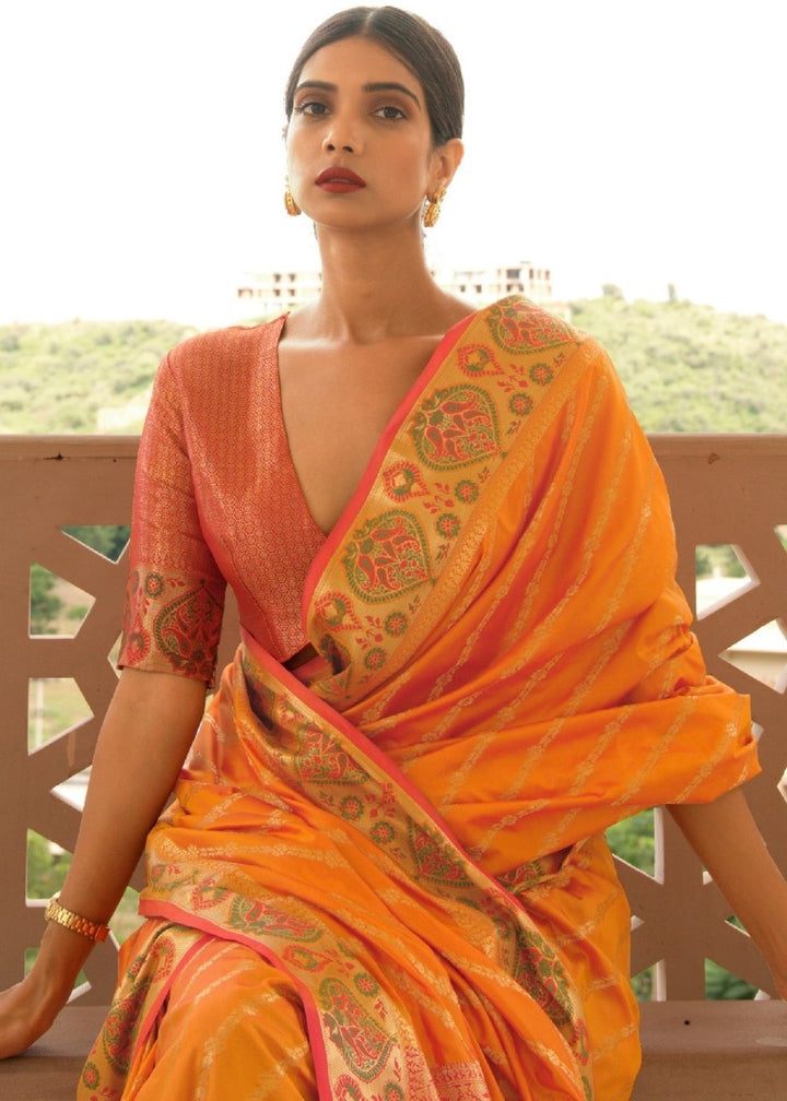 Amber Orange Woven Soft Banarasi Silk Saree with Contrast Pallu & Blouse