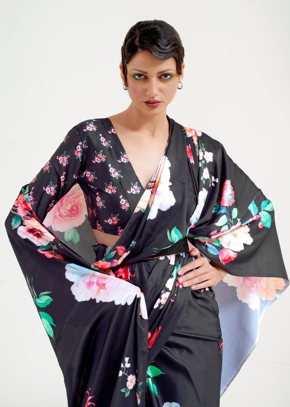 Raven Black Digital Printed Satin Crepe Saree