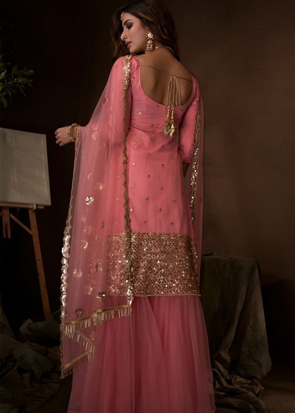 Coral Pink Designer Soft Net Sharara Suit with Sequin, Thread and Dori work