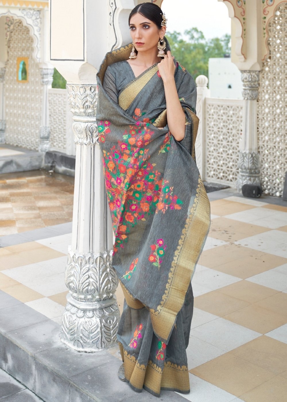 Iron Grey Floral Embroidered Linen Silk Saree