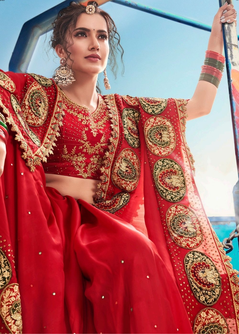 Red Pure Satin Saree with Jari, Moti, Cut-Dana and Crystal work