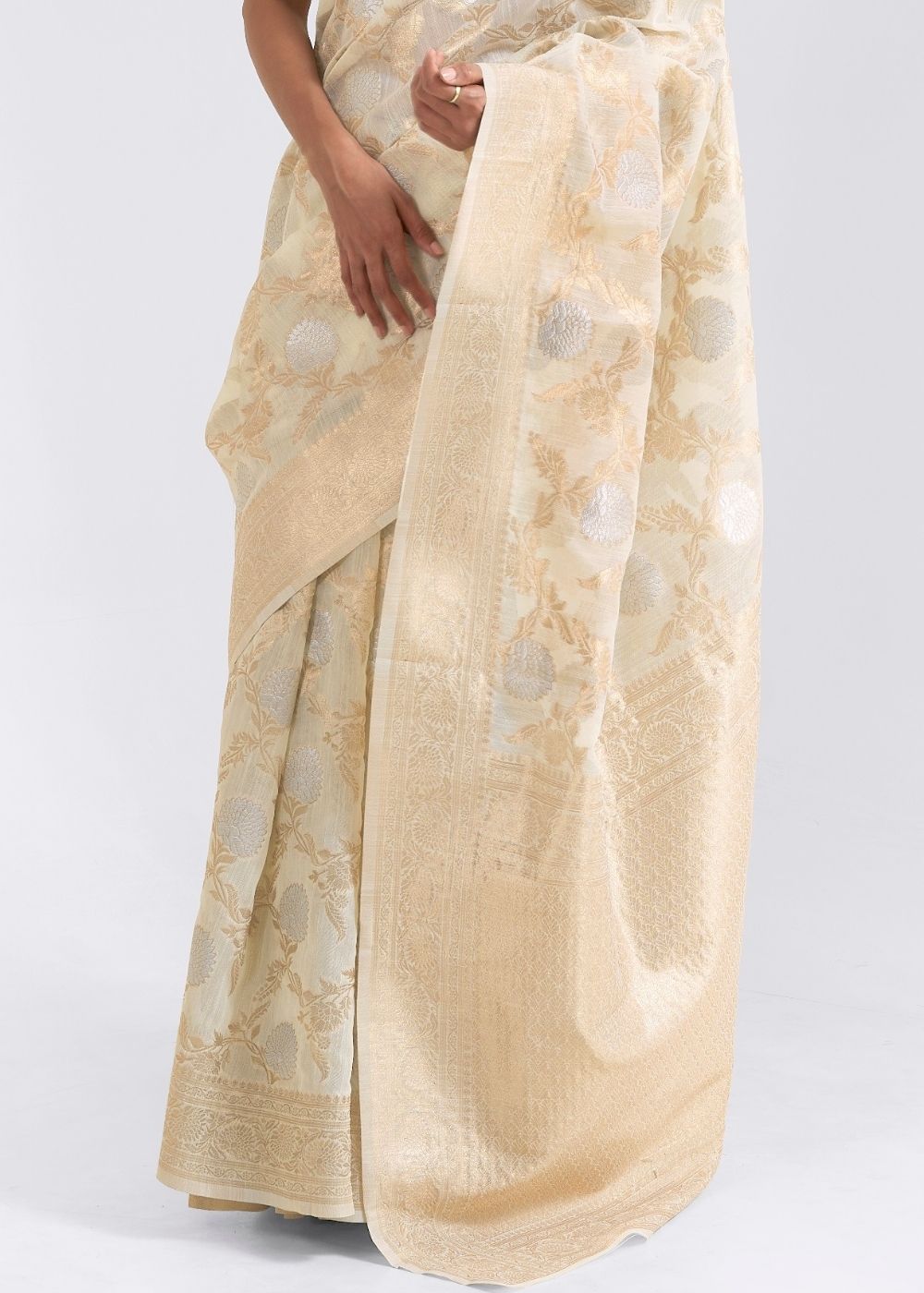 Ivory White Zari Woven Linen Silk Saree