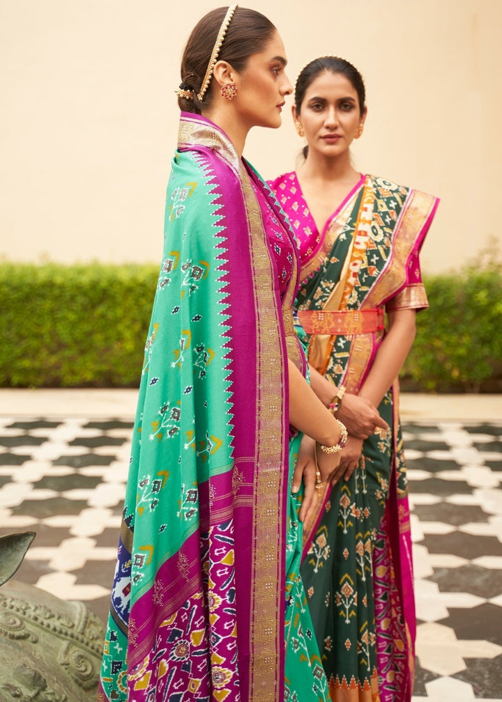 Blue & Pink Patola Silk Saree with Zari Border & Tassels On Pallu