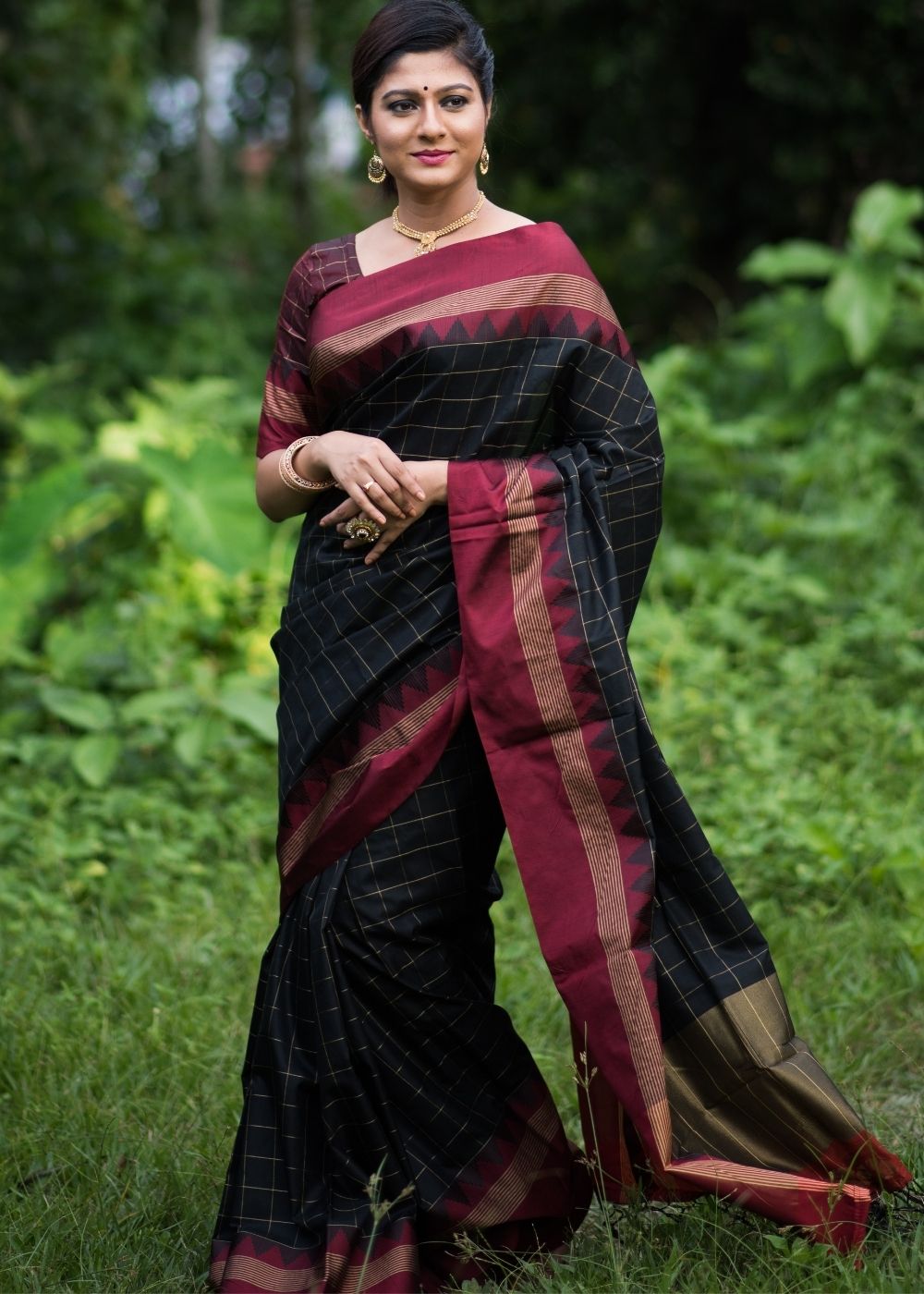 Soot Black Checkered Banarasi Raw Silk Saree