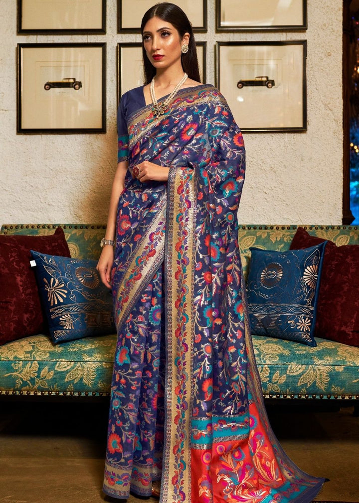 Space Blue Banarasi Jamawar Woven Silk Saree