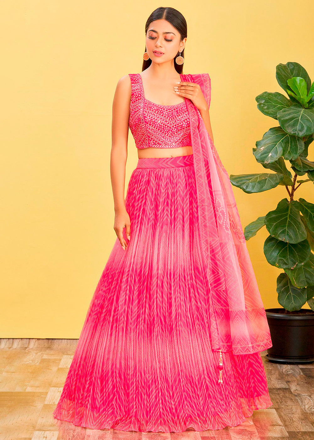 Shades Of Pink Digital Printed Organza Lehenga with Thread,Zari & Sequins Work