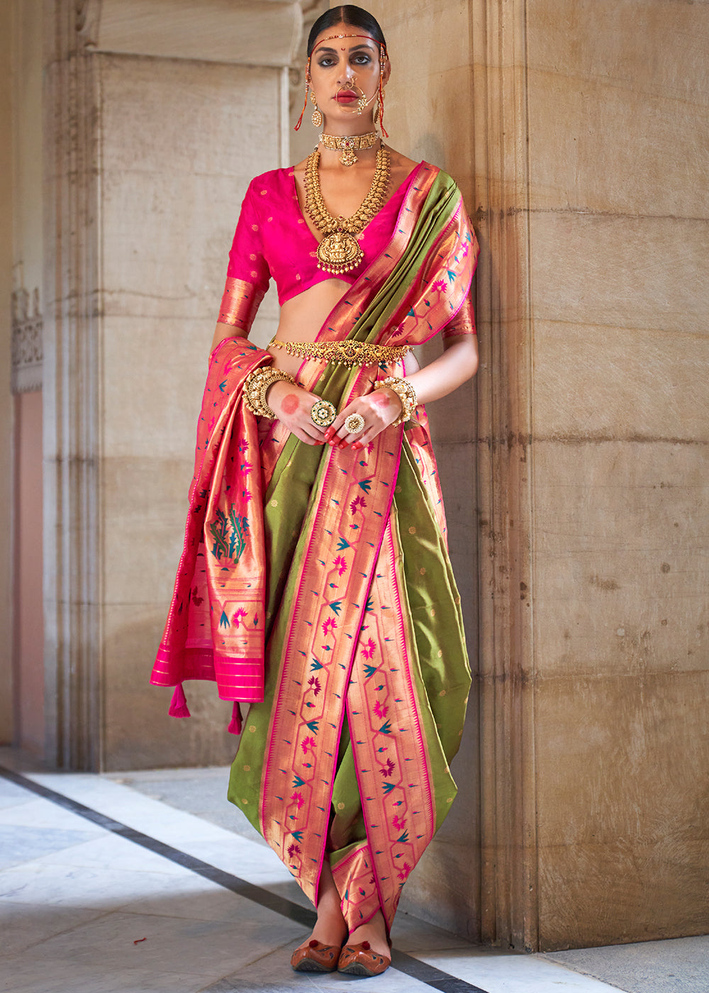 Olive Green Paithani Silk Saree