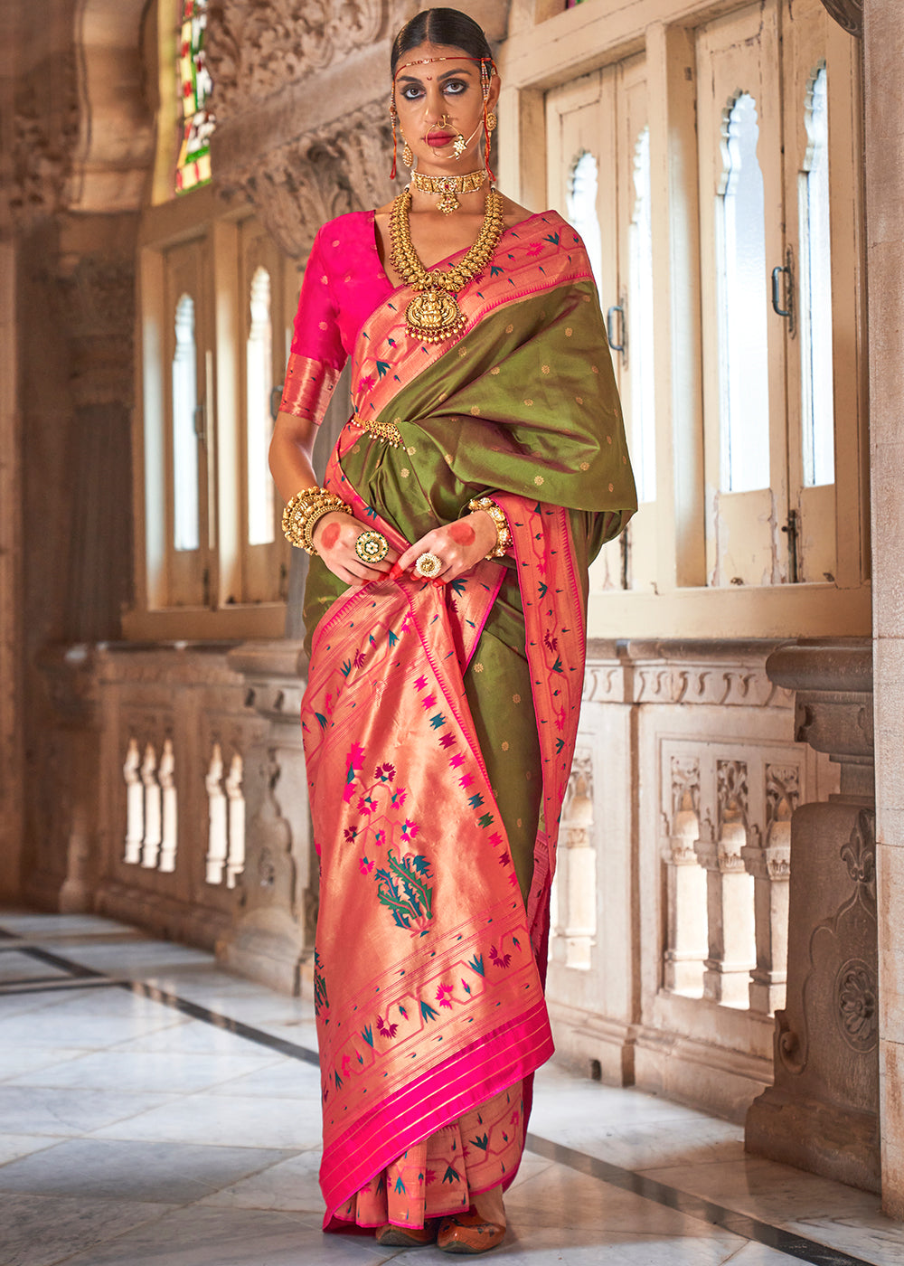 Olive Green Paithani Silk Saree