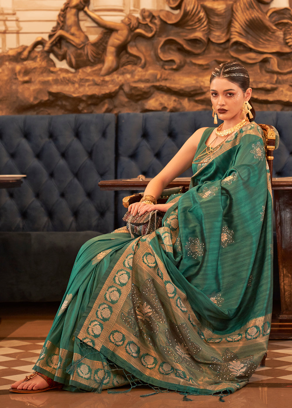 Castleton Green Woven Tussar Silk Saree with Sequins Work