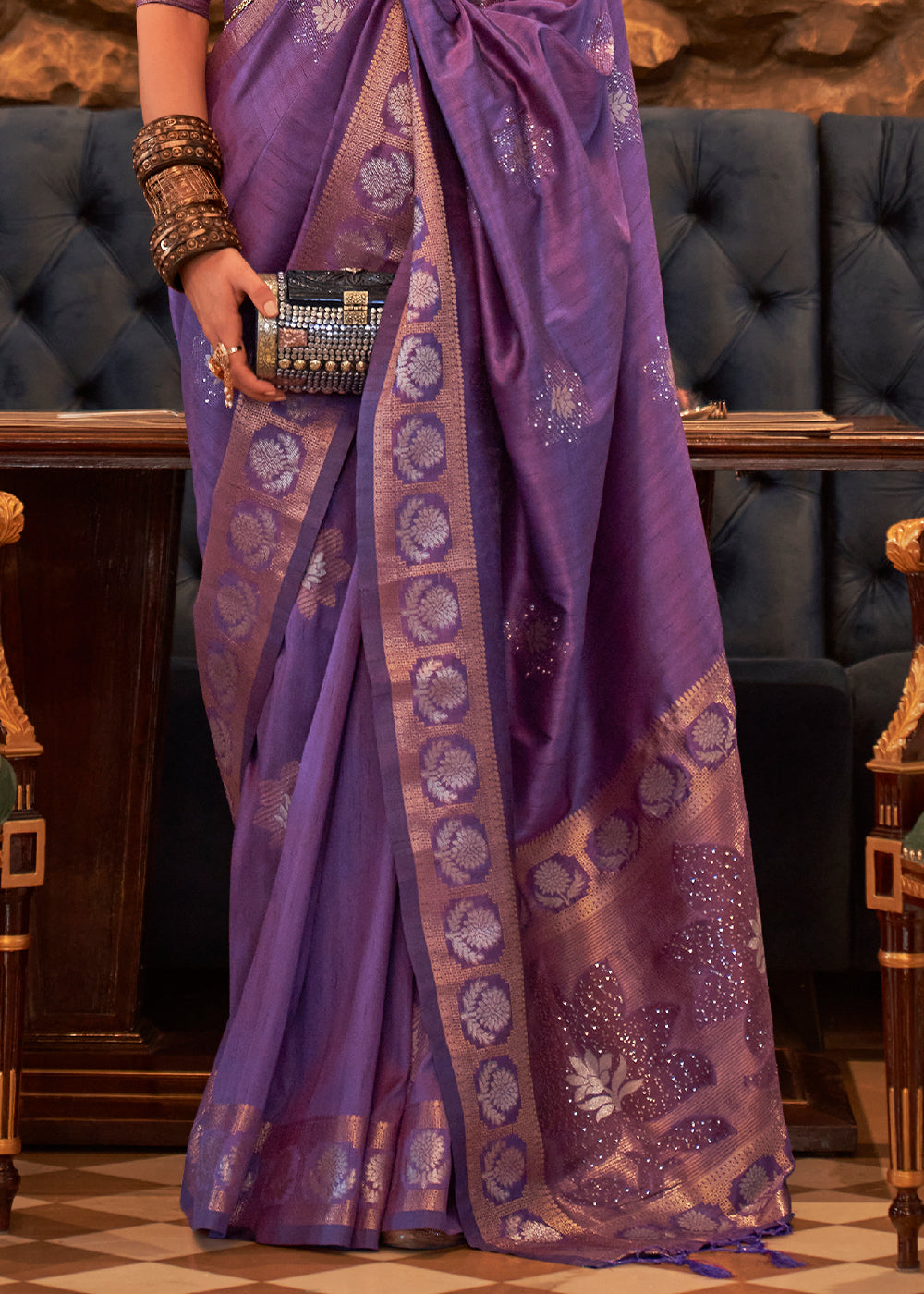 Indigo Purple Woven Tussar Silk Saree with Sequins Work