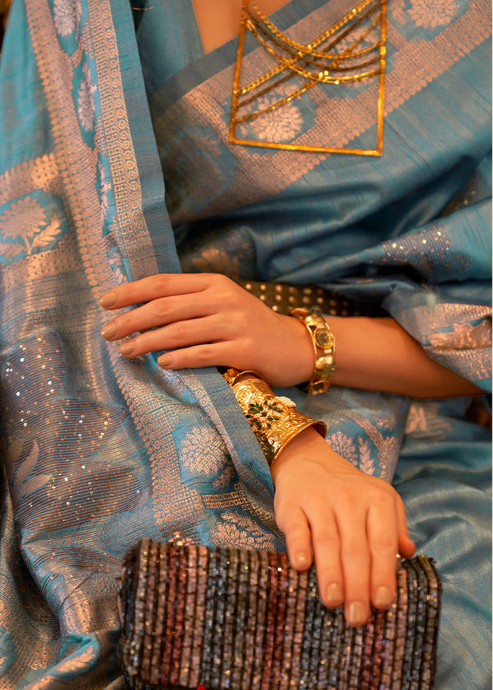 Light Pacific Blue Woven Tussar Silk Saree with Sequins Work