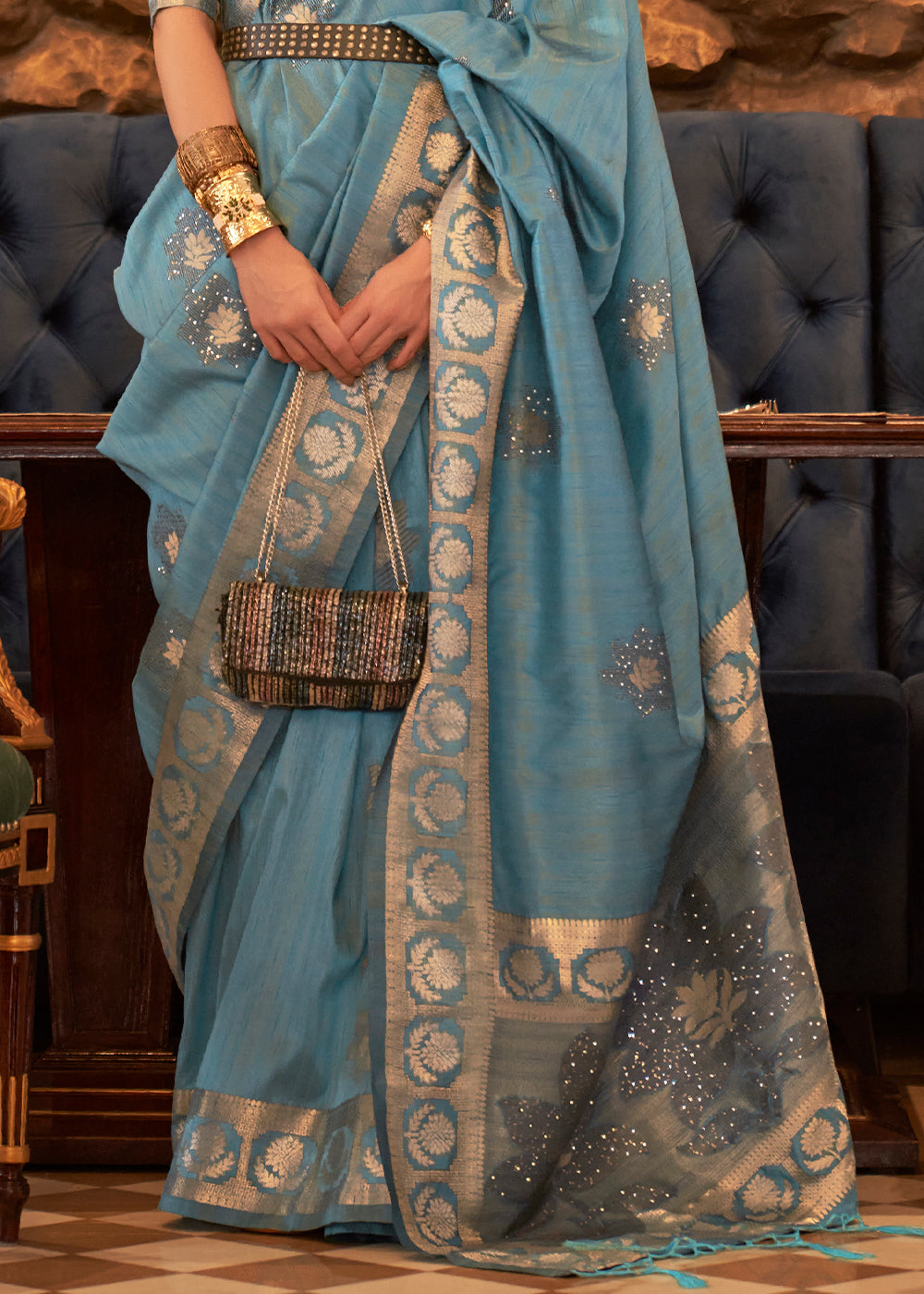 Light Pacific Blue Woven Tussar Silk Saree with Sequins Work