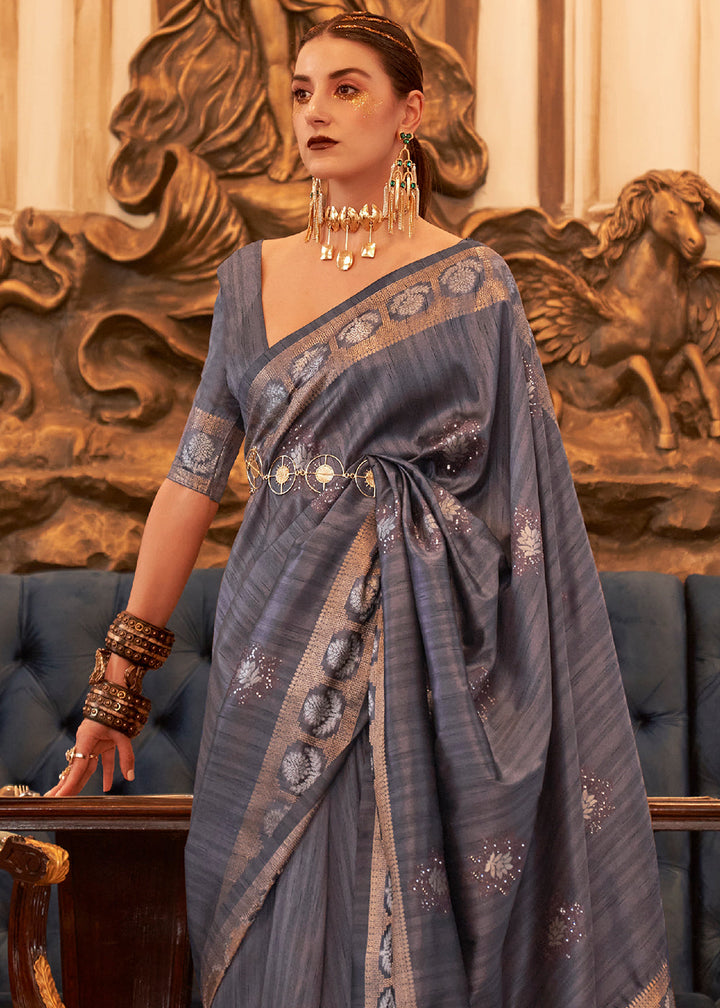 Dark Grey Woven Tussar Silk Saree with Sequins Work