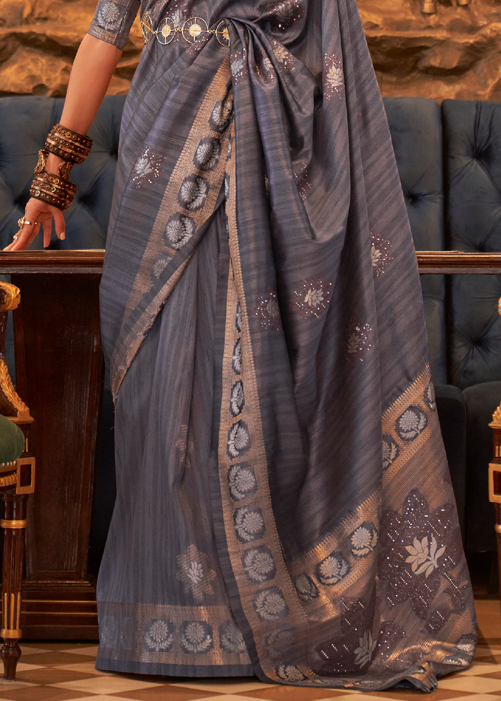 Dark Grey Woven Tussar Silk Saree with Sequins Work