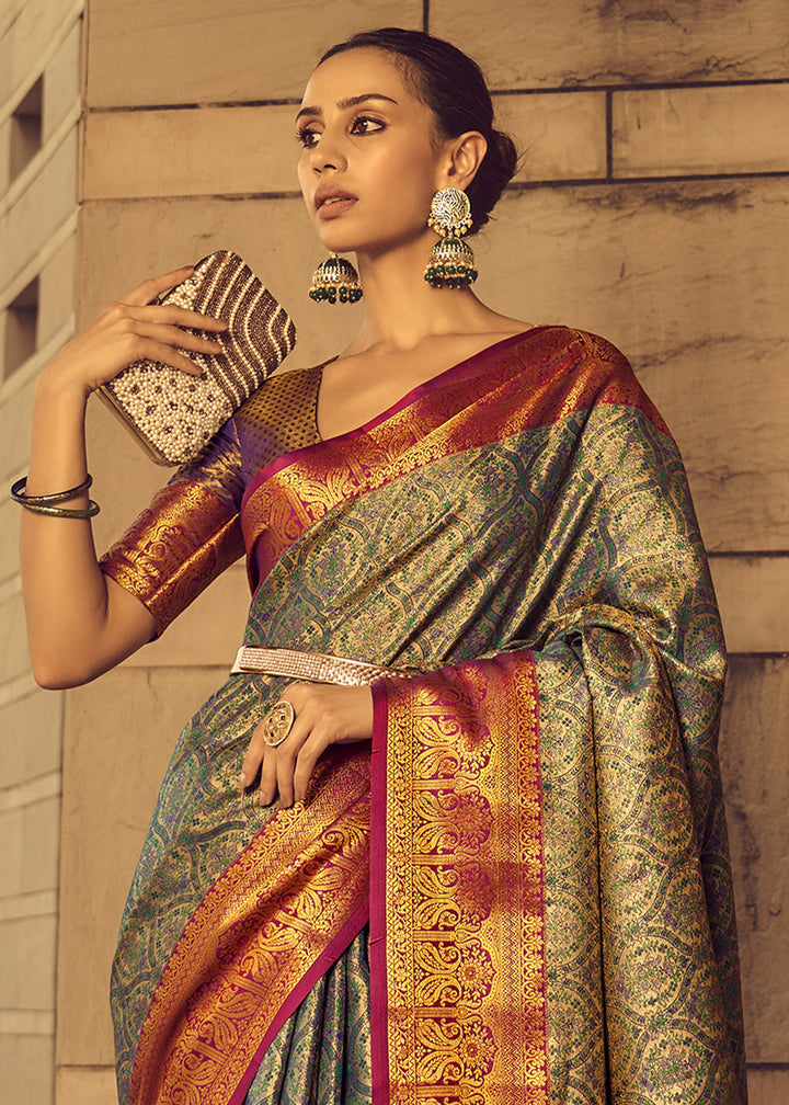 Green & Purple Zari Woven Banarasi Silk Saree