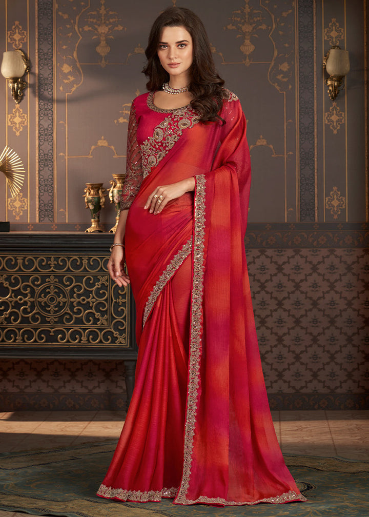 Shades Of Pink & Red Designer Embroidered Chiffon Silk Saree