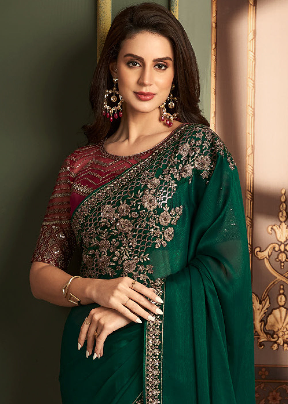 Dark Green Designer Embroidered Silk Saree