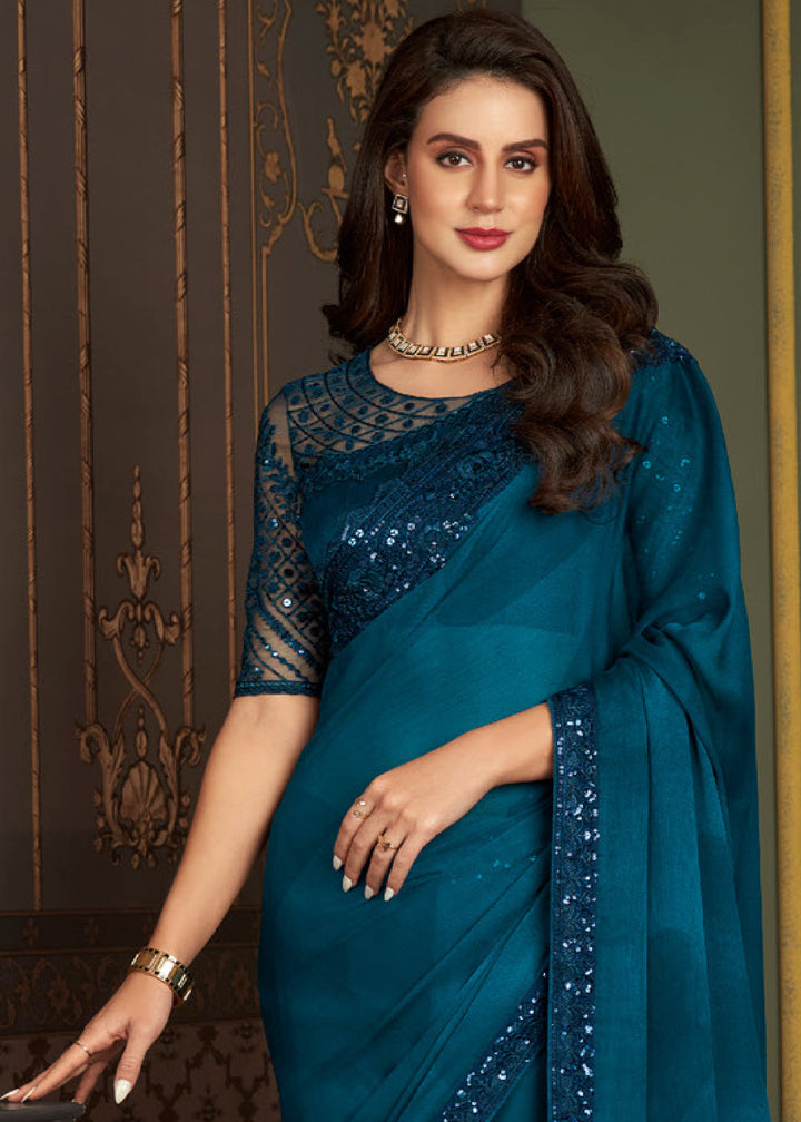 Shades Of Blue Designer Embroidered Chiffon Silk Saree