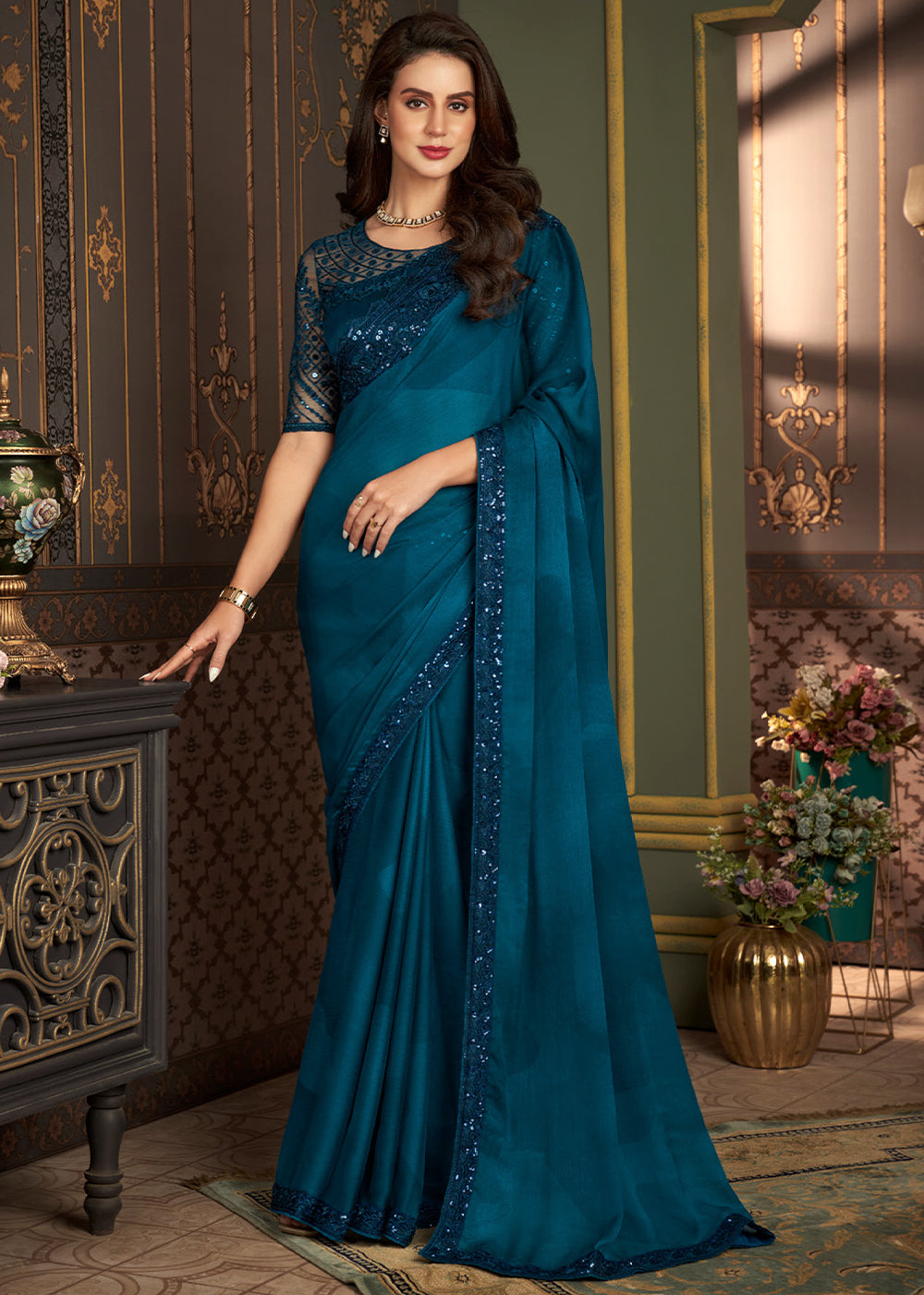 Shades Of Blue Designer Embroidered Chiffon Silk Saree