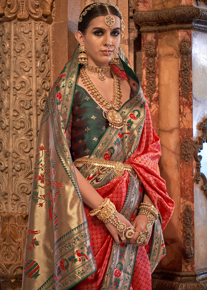 Persian Red Jacquard Woven Banarasi Silk Saree with Stone Work