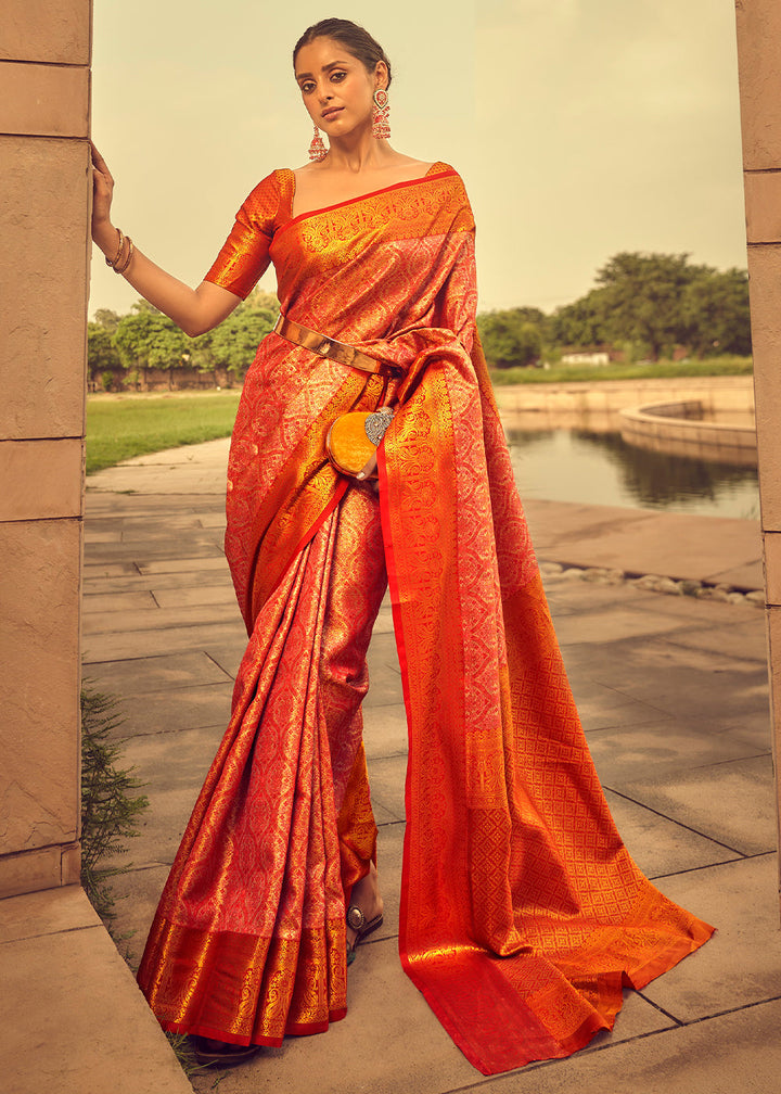 Shades Of Red Zari Woven Banarasi Silk Saree