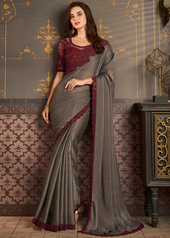 Ash Grey Designer Embroidered Silk Saree