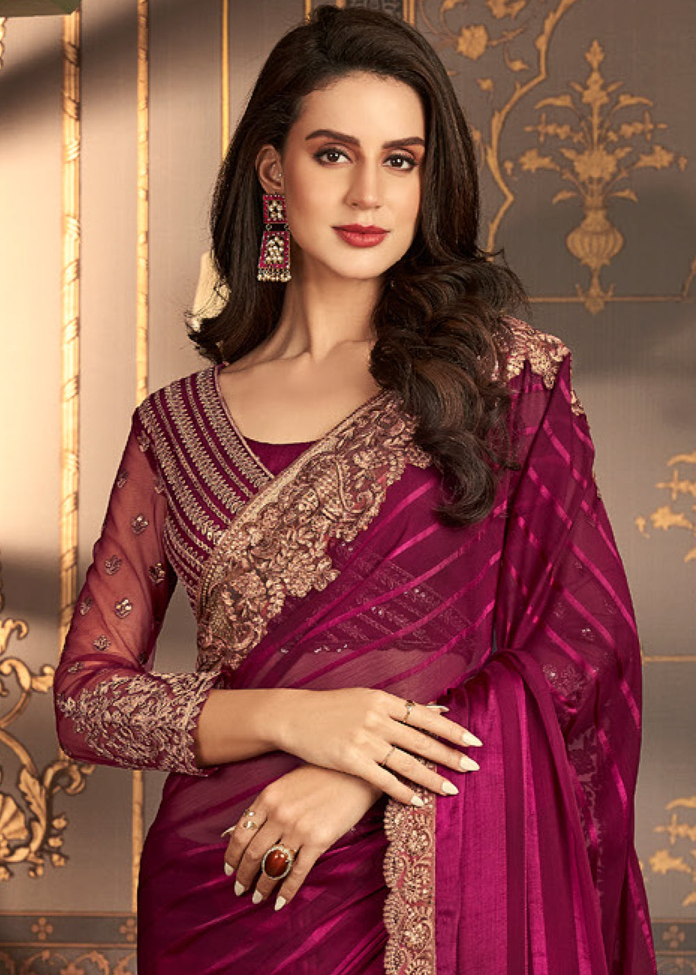 Magenta Purple Designer Embroidered Silk Saree