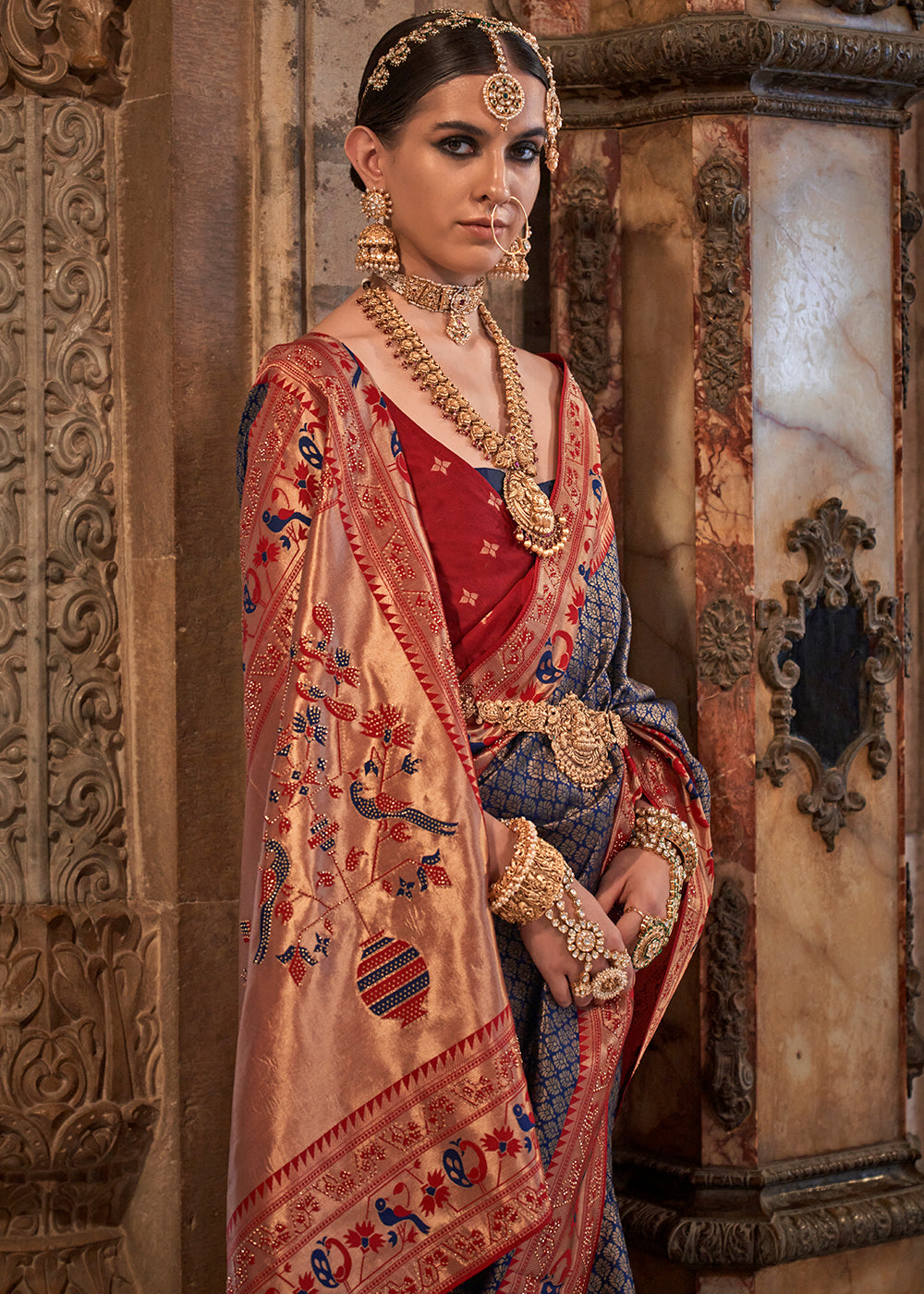 Navy Blue Jacquard Woven Banarasi Silk Saree with Stone Work