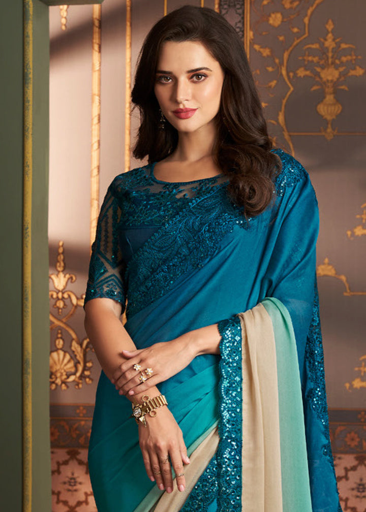 Blue & White Shaded Designer Embroidered  Silk Saree